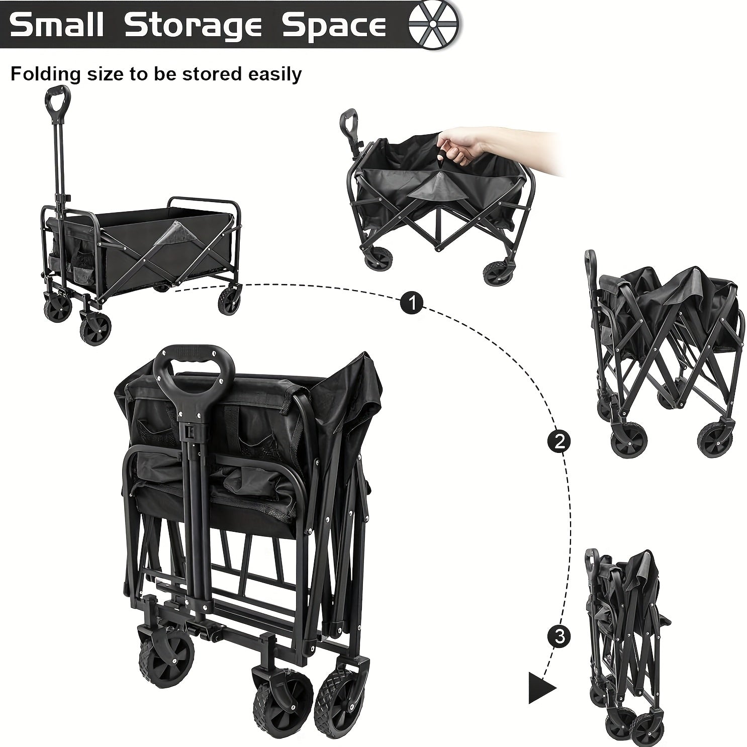 Black folding storage wagon with step-by-step assembly instructions on a white background