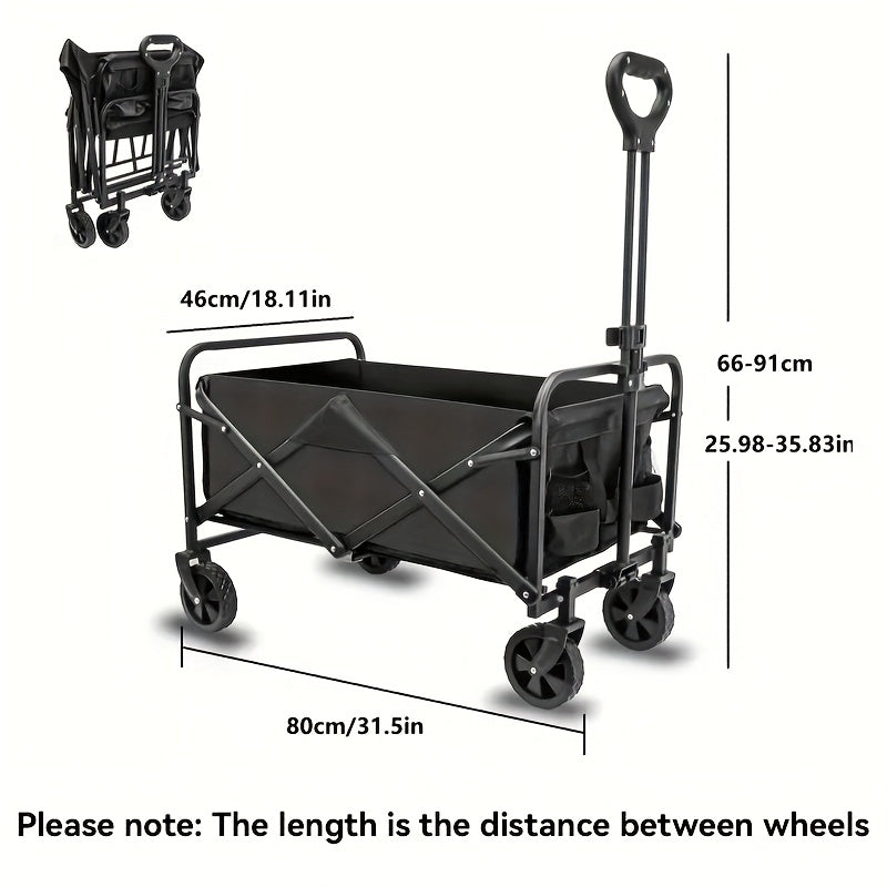 Black folding cart with measurements on a white background