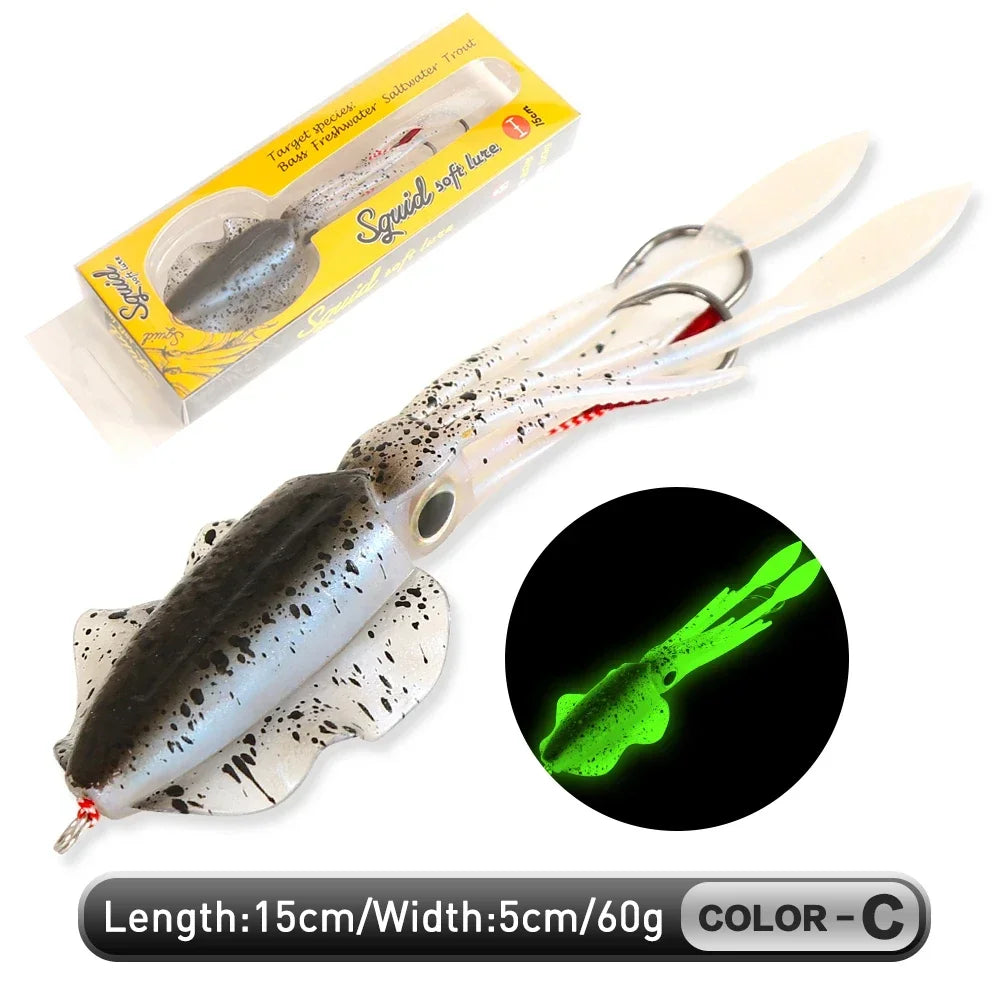 UV Luminous Squid Soft Plastic Lure – Realistic Bionic Saltwater Fishing Baits (60g) - Fishing Palace