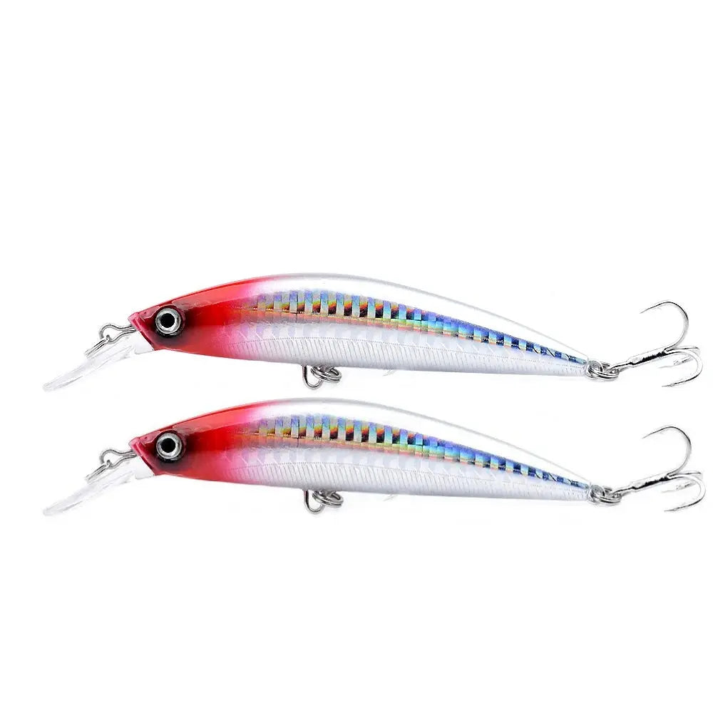 Two fishing lures with red and white bodies and multicolored patterns on a white background