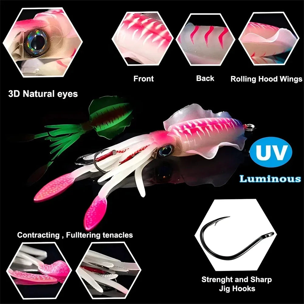 UV Luminous Squid Soft Plastic Lure – Realistic Bionic Saltwater Fishing Baits (60g) - Fishing Palace