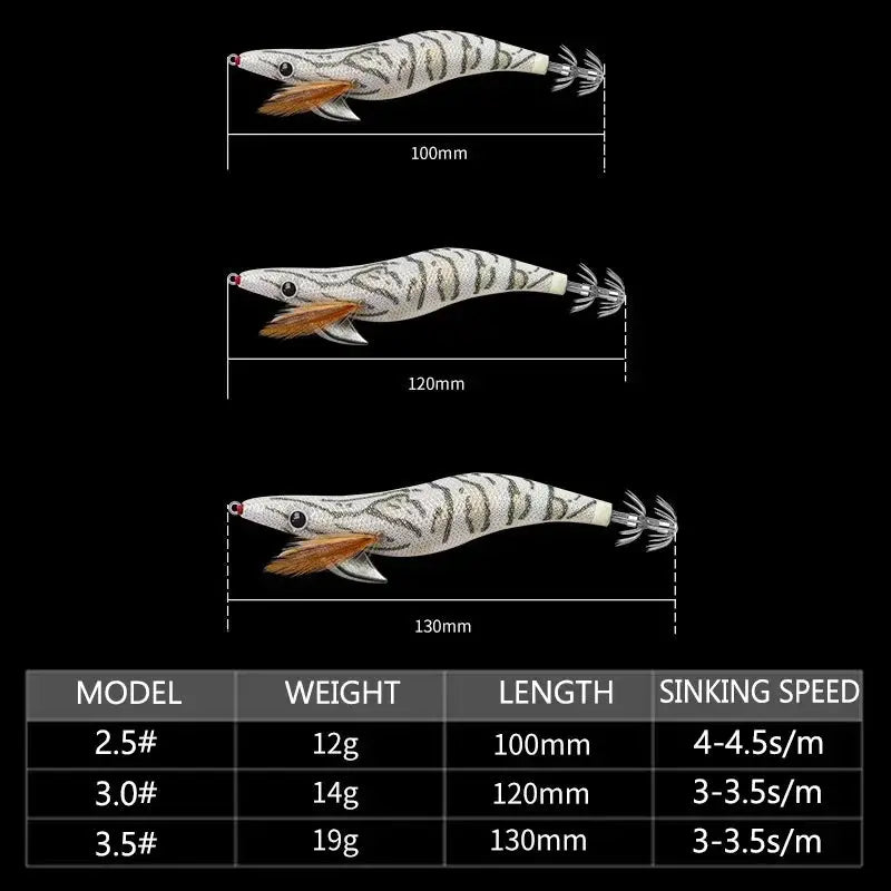 Fishing lures with measurements and specifications on a black background