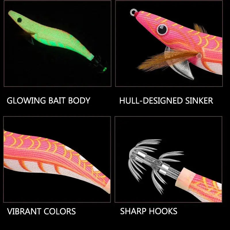 Fishing lures with glowing bait body, hull-designed sinker, vibrant colors, and sharp hooks on a black background.