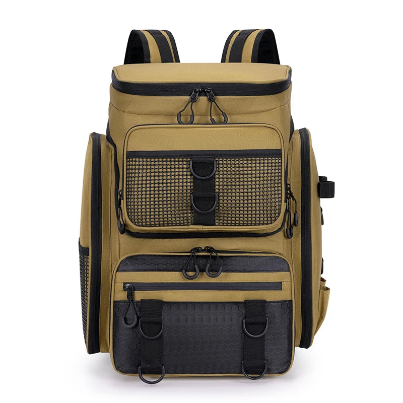 Tan and black backpack with multiple pockets
