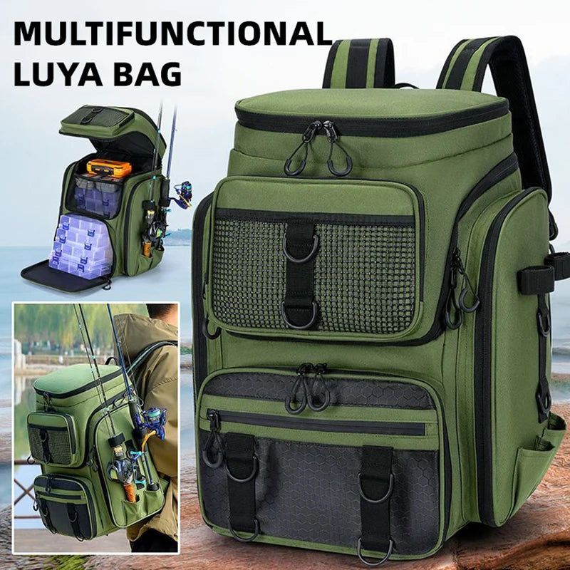 Multifunctional bag with fishing gear on a wooden surface.