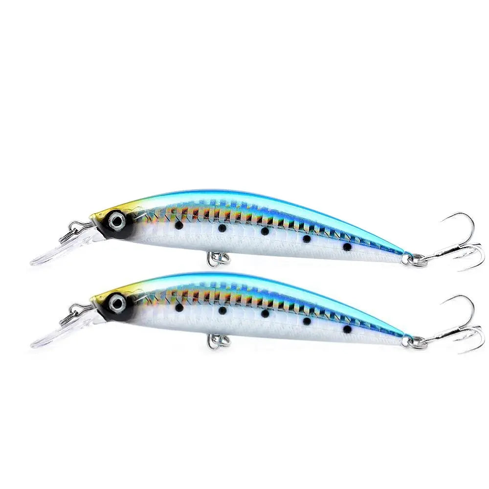 Two metallic blue and silver fishing lures on a white background