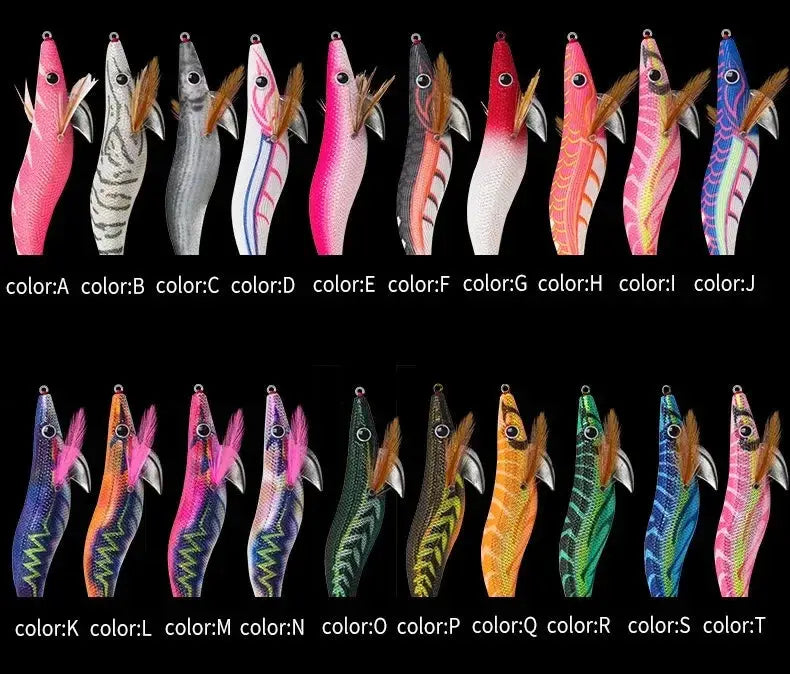 Collection of colorful fishing lures with labeled colors on a black background