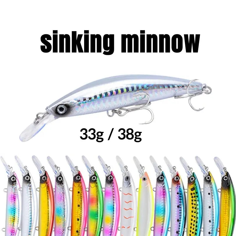 Colorful sinking minnow fishing lures with weight options on a white background