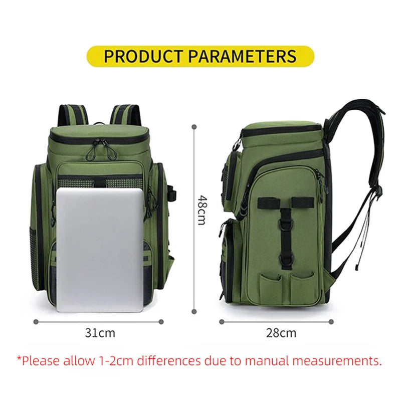 Green backpack with dimensions and product parameters displayed.