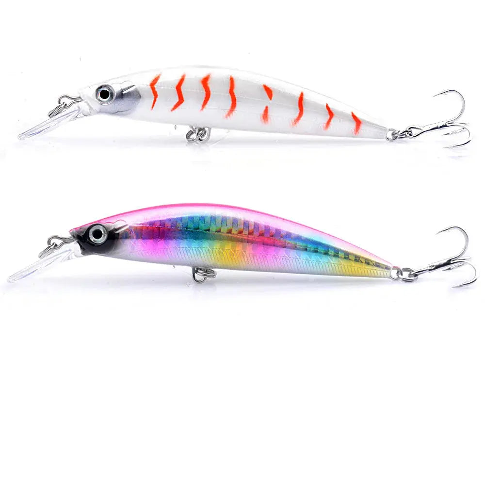 Two fishing lures with colorful patterns on a white background