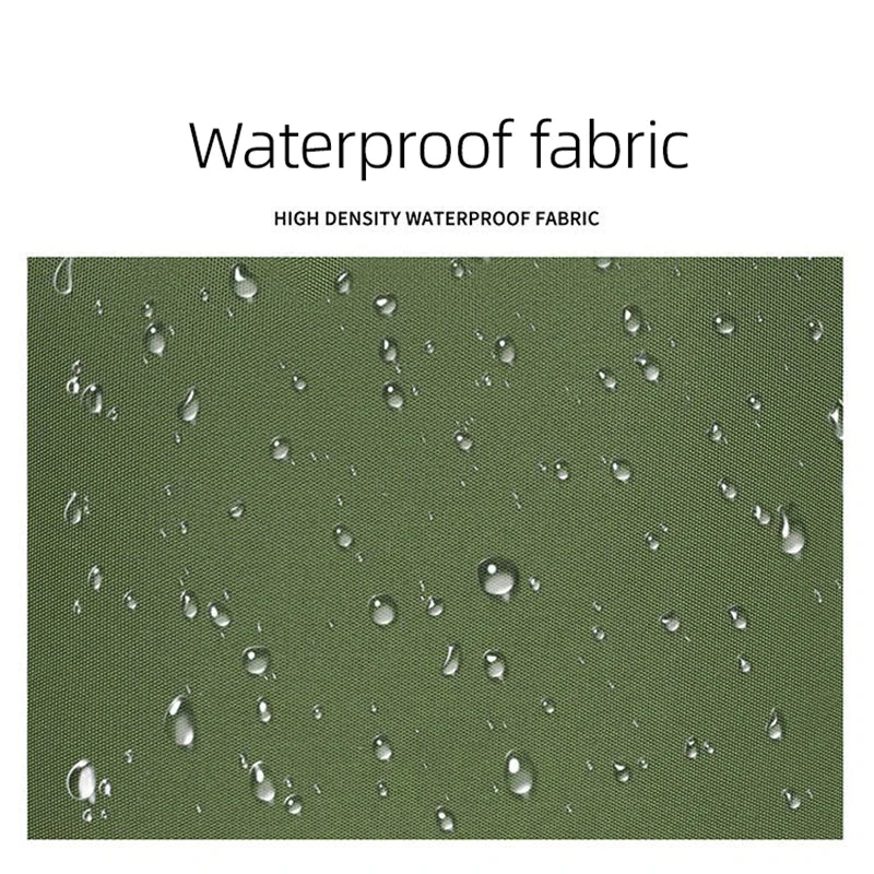 Green fabric with water droplets, labeled 'Waterproof fabric' and 'High density waterproof fabric'.