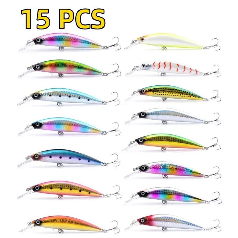 15 colorful fishing lures on a white background with '15 PCS' text above.