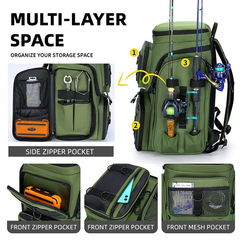 Green fishing backpack with various compartments and fishing gear