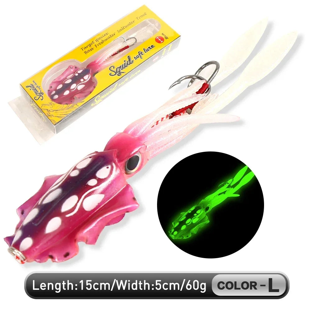 UV Luminous Squid Soft Plastic Lure – Realistic Bionic Saltwater Fishing Baits (60g) - Fishing Palace