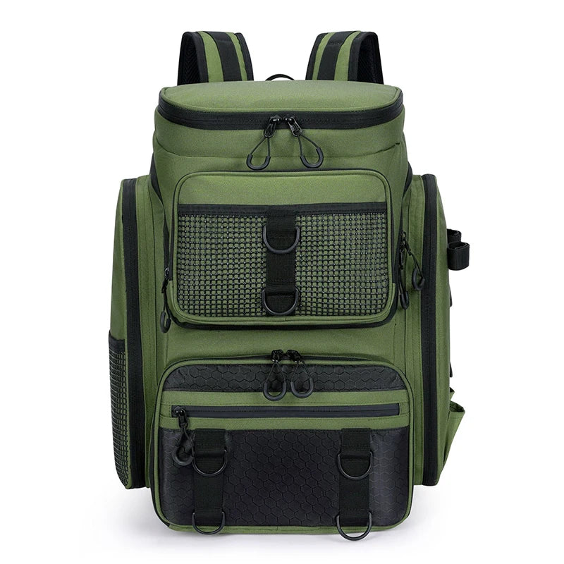 Green and black backpack with multiple pockets