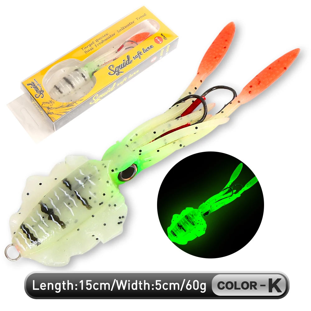 UV Luminous Squid Soft Plastic Lure – Realistic Bionic Saltwater Fishing Baits (60g) - Fishing Palace