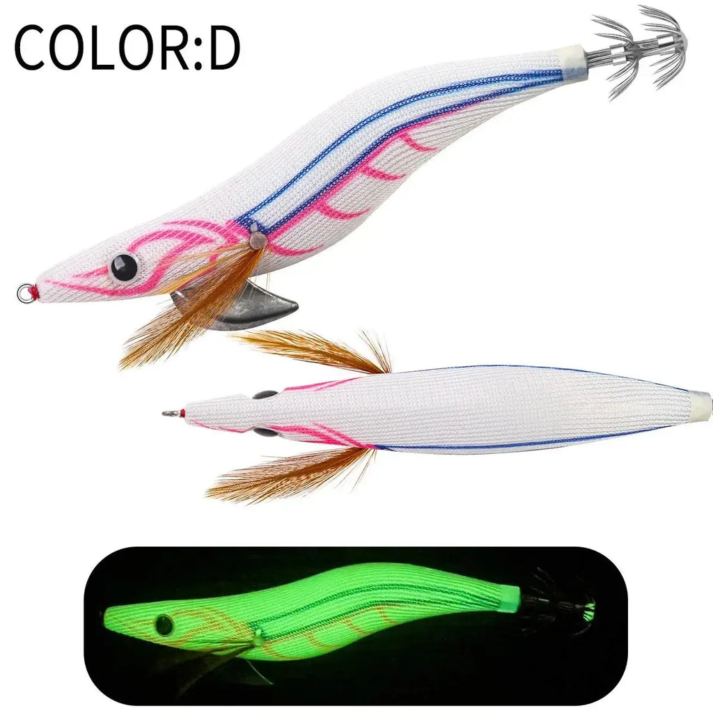 Two fishing lures with pink and white patterns on a white background, one green on a black background.