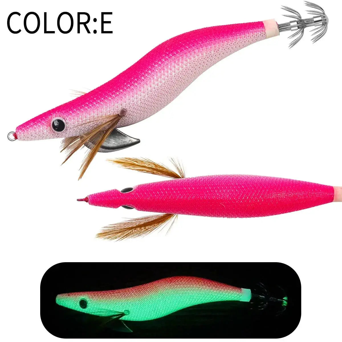 Two pink fishing lures with a close-up of one glowing green on a white background.
