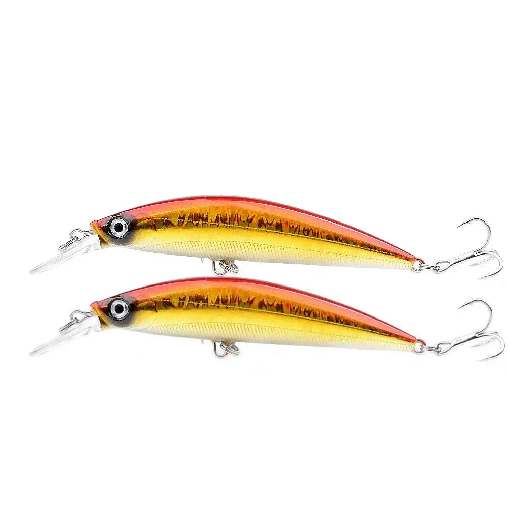 Two fishing lures with a red and yellow pattern on a white background
