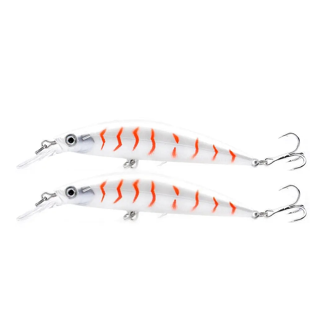 Two white and orange striped fishing lures on a white background