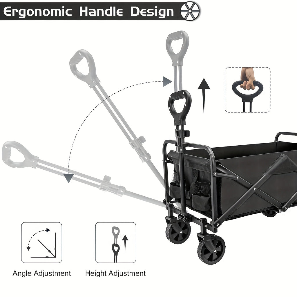 Ergonomic handle design of a black folding wagon with adjustable features on a white background.