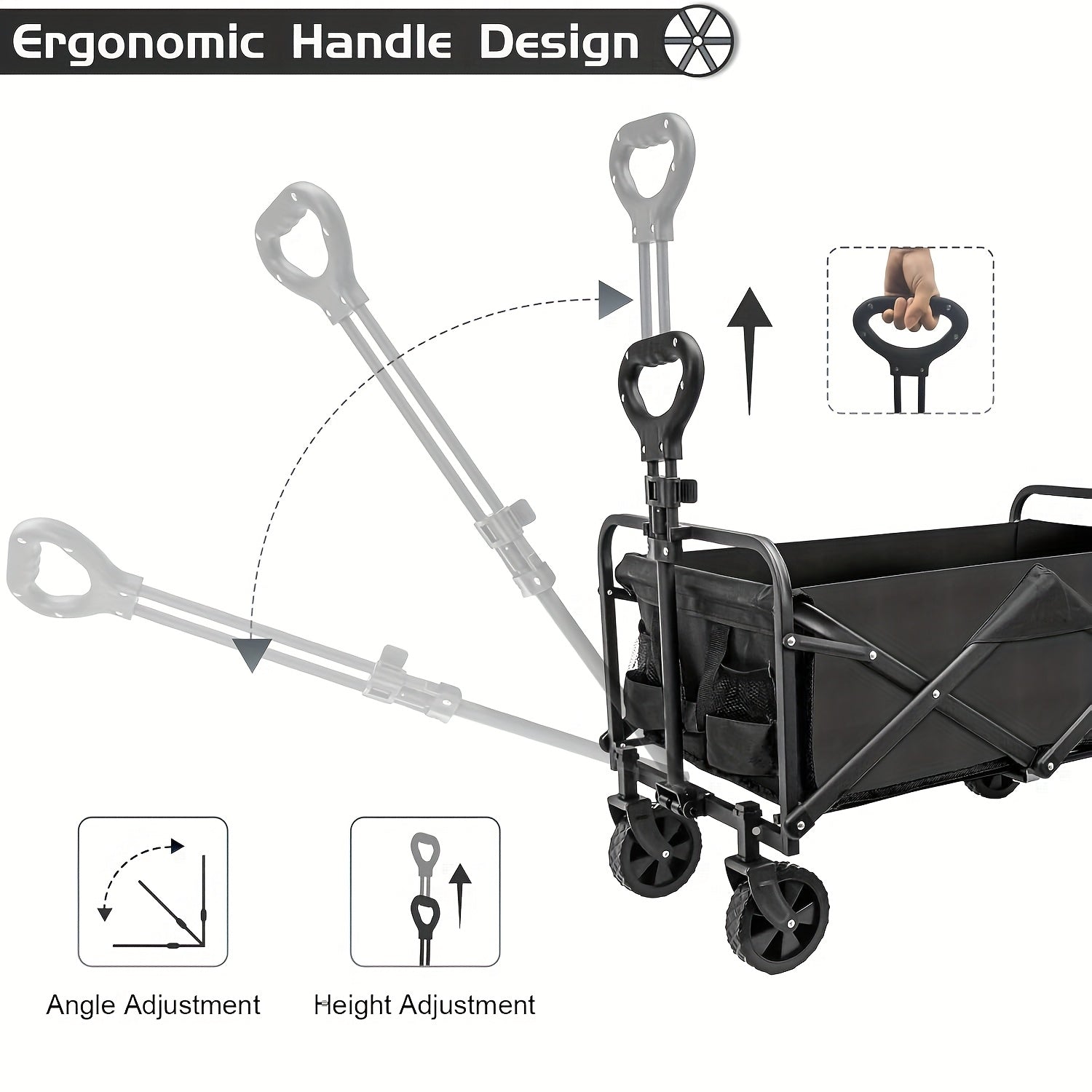 Ergonomic handle design of a black folding wagon with adjustable features on a white background.