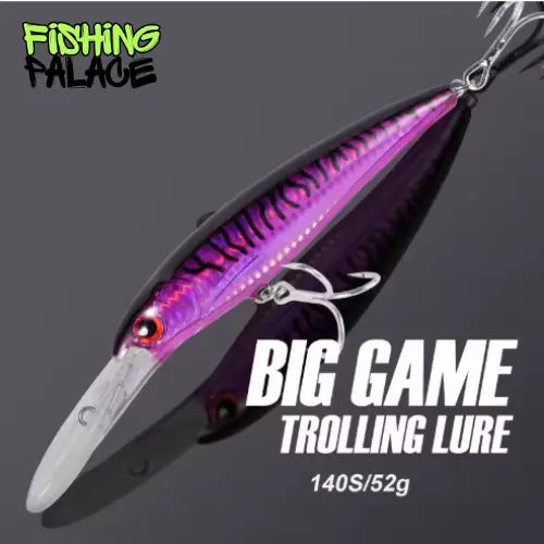 Purple and silver fishing lure with 'Fishing Palace' branding on a dark background
