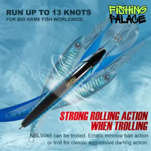 Fishing lure with promotional text on a blue background, featuring the brand 'Fishing Palace'.