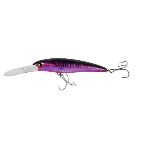 Purple and silver fishing lure on a white background